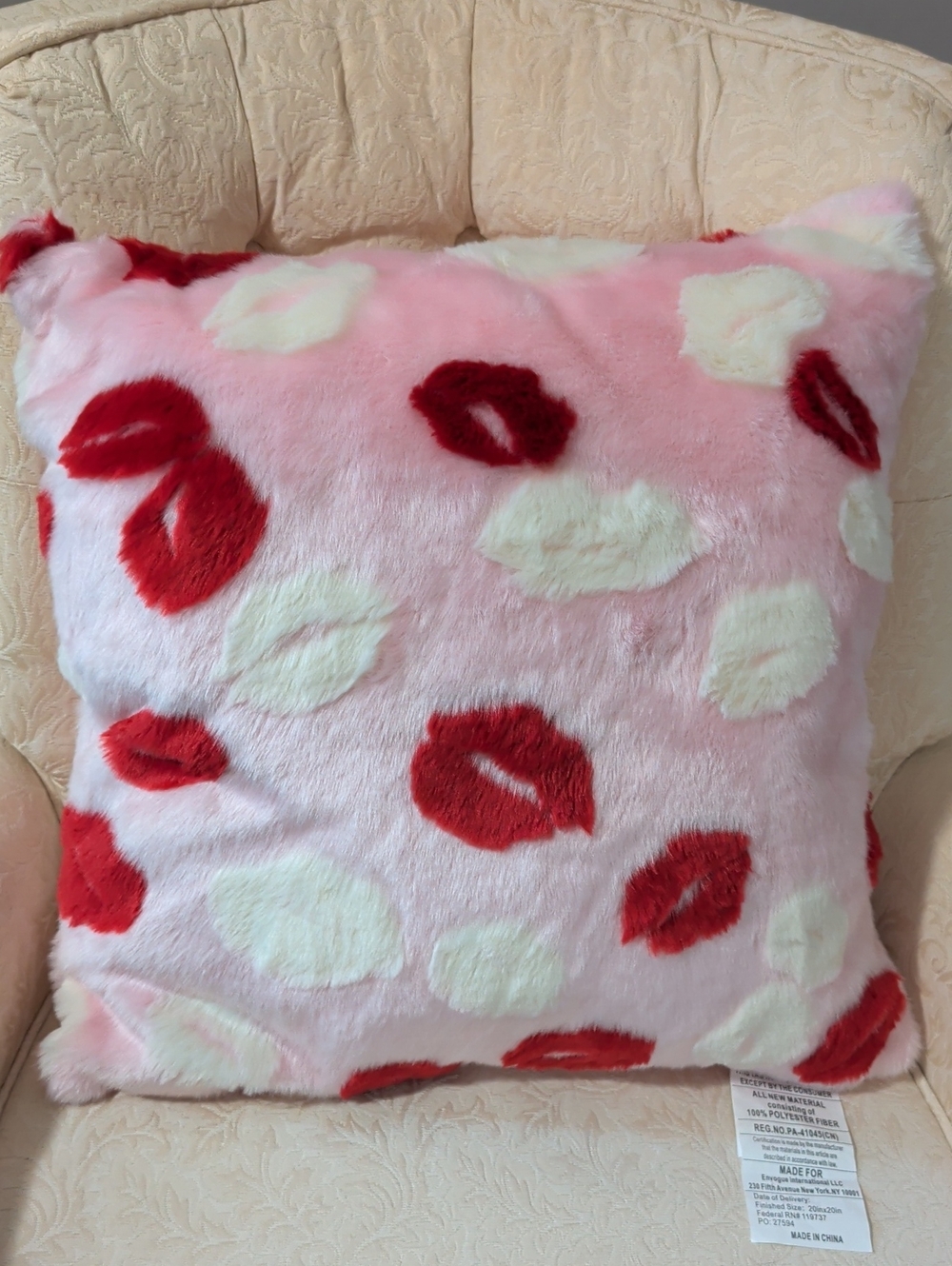 Pink Faux Fur Lip Print Throw Pillow